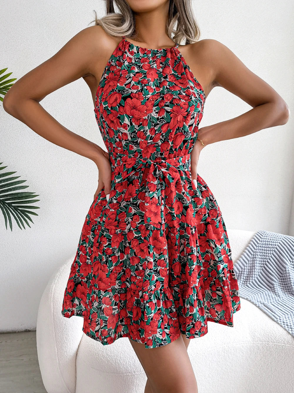 Women Summer Casual Floral Print Ruffle Halter Dress