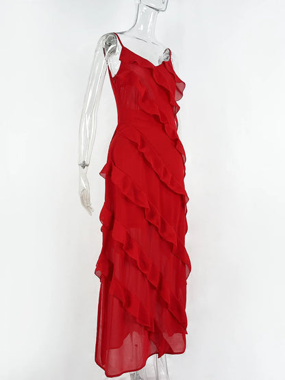 Elegant Red Chiffon Maxi Dress - Spaghetti Strap, Backless, Ruffled Evening Gown