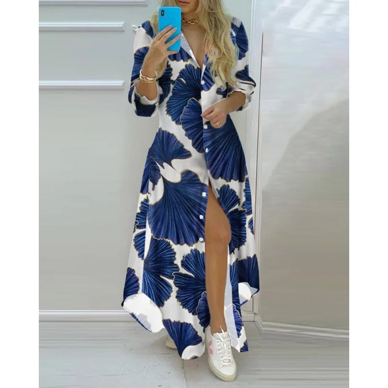 Boho Printed Long Sleeve Maxi Dress - Summer Turn-Down Collar