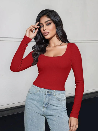 Women’s Long Sleeve Square Neck Ribbed Crop Top