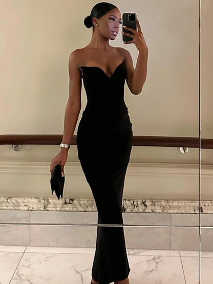 WeiYao Black V-Neck Bodycon Maxi Dress - Backless Slim Evening Dress