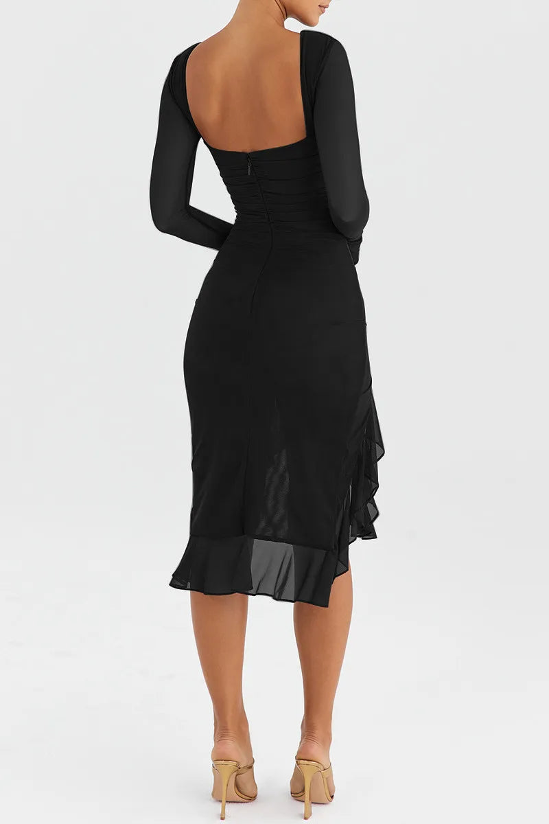 Mozision Elegant Ruffled Midi Dress - Sheer Long Sleeve, Backless Party Style