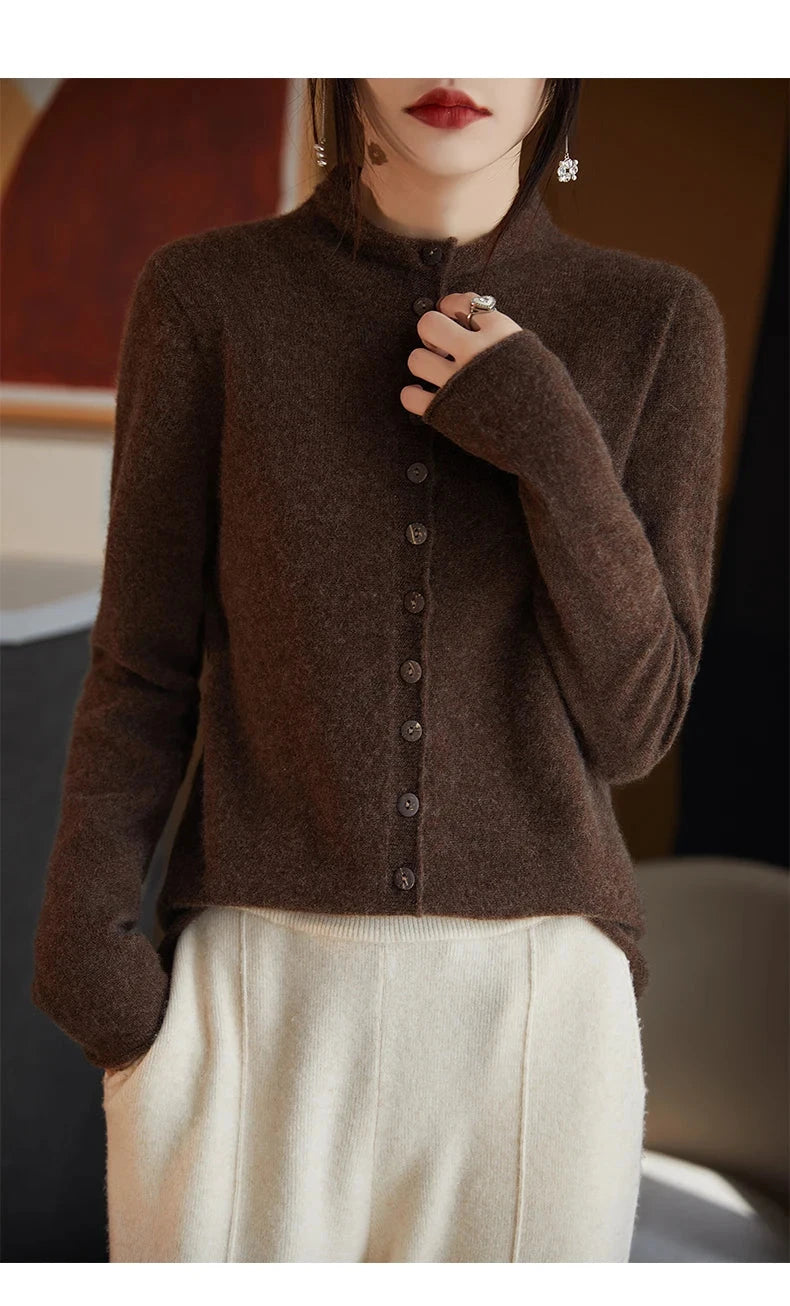 Women's Merino Wool Jacket - Luxury Knit Cardigan with Standing Collar