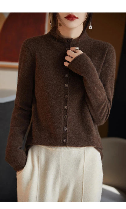 Women's Merino Wool Jacket - Luxury Knit Cardigan with Standing Collar