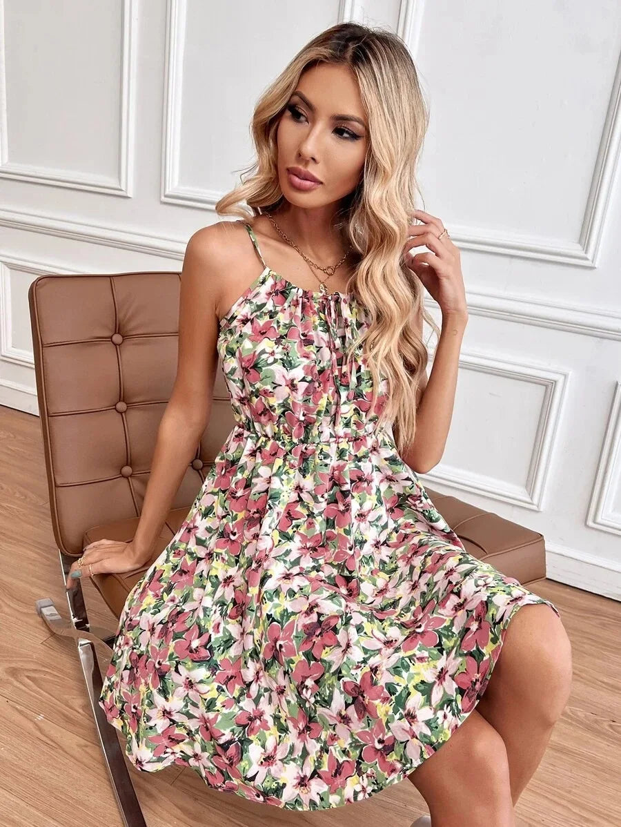 Sexy Floral Print Backless Sundress - Sleeveless