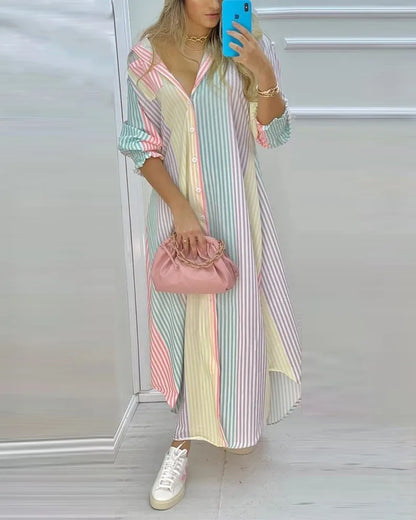 Boho Printed Long Sleeve Maxi Dress - Summer Turn-Down Collar