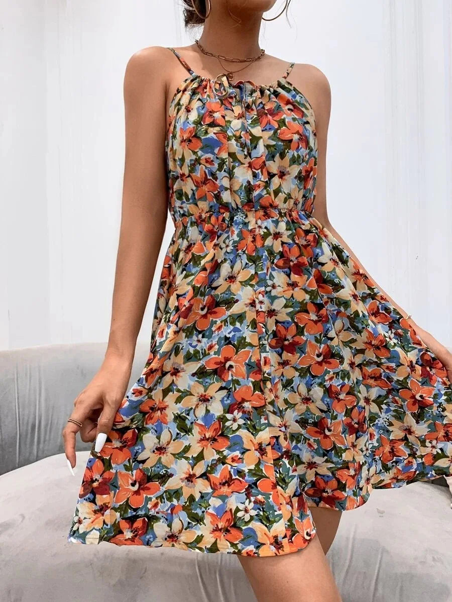 Sexy Floral Print Backless Sundress - Sleeveless