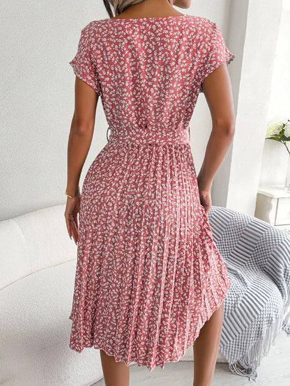 Chic Floral High Waist A-Line Dress - Spring/Summer, Short Sleeve