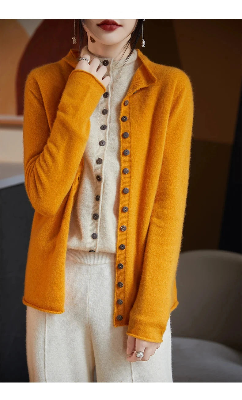 Women's Merino Wool Jacket - Luxury Knit Cardigan with Standing Collar