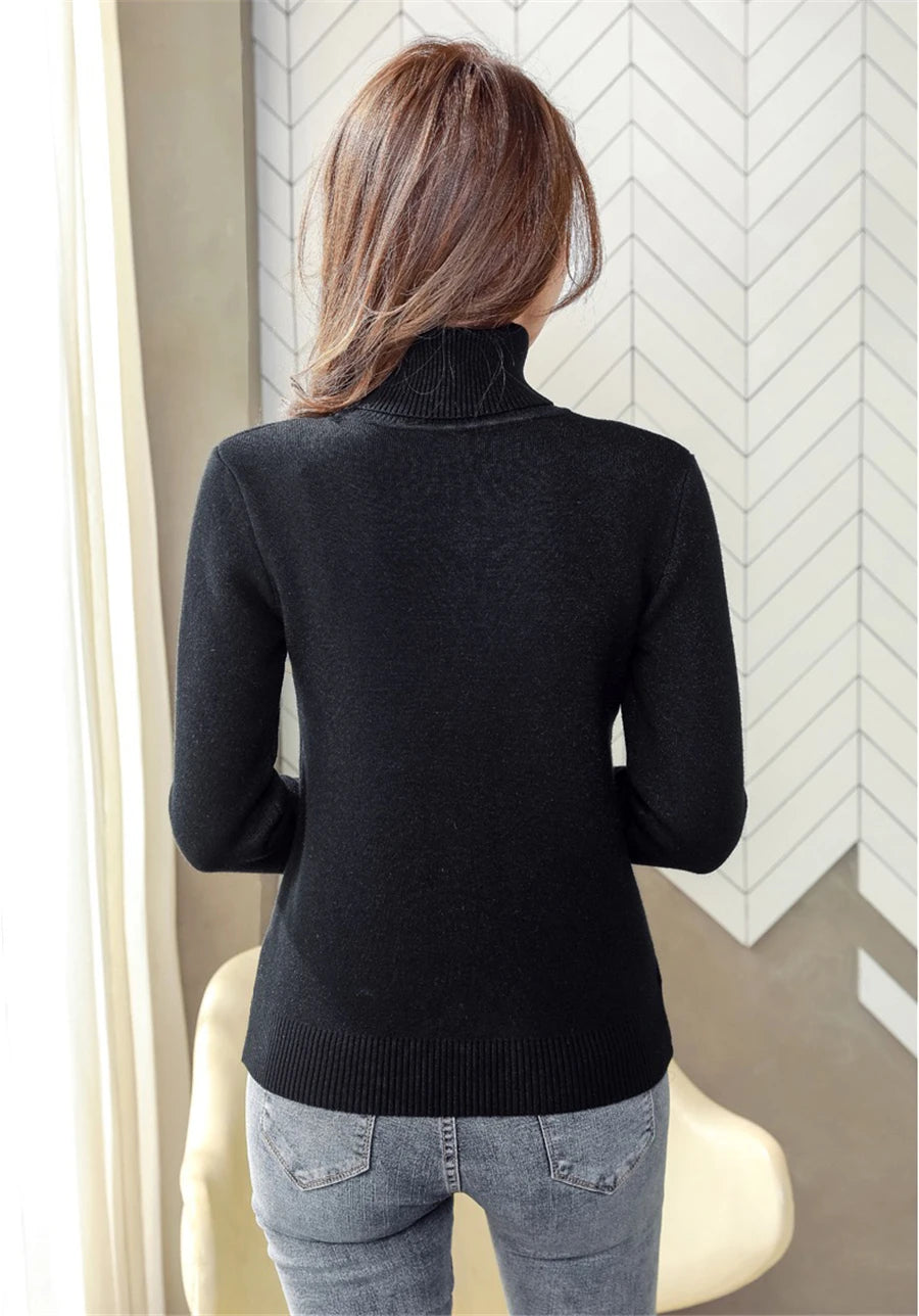 Elegant Velvet-Lined Turtleneck Sweater - Women's Slim Winter Knitwear