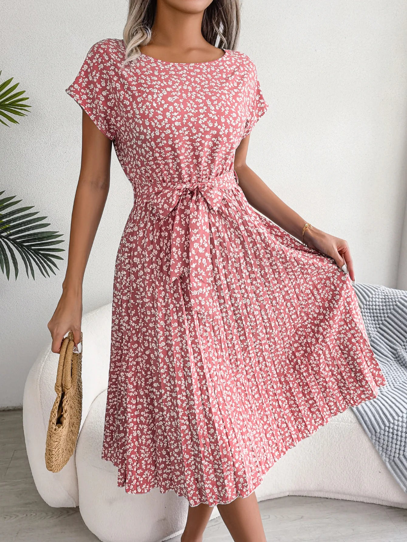 Chic Floral High Waist A-Line Dress - Spring/Summer, Short Sleeve