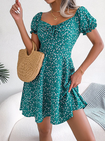 Women Casual Ruffles Short Sleeve Floral Print A Line Dress