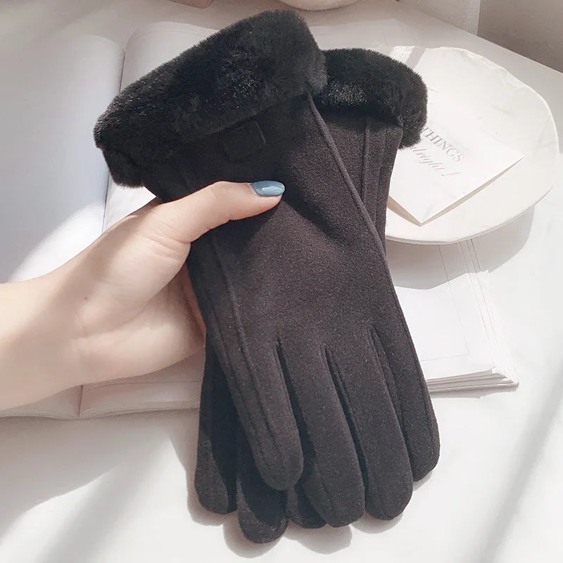 Women’s Winter Suede Gloves – Thick Plush, Touchscreen, Outdoor