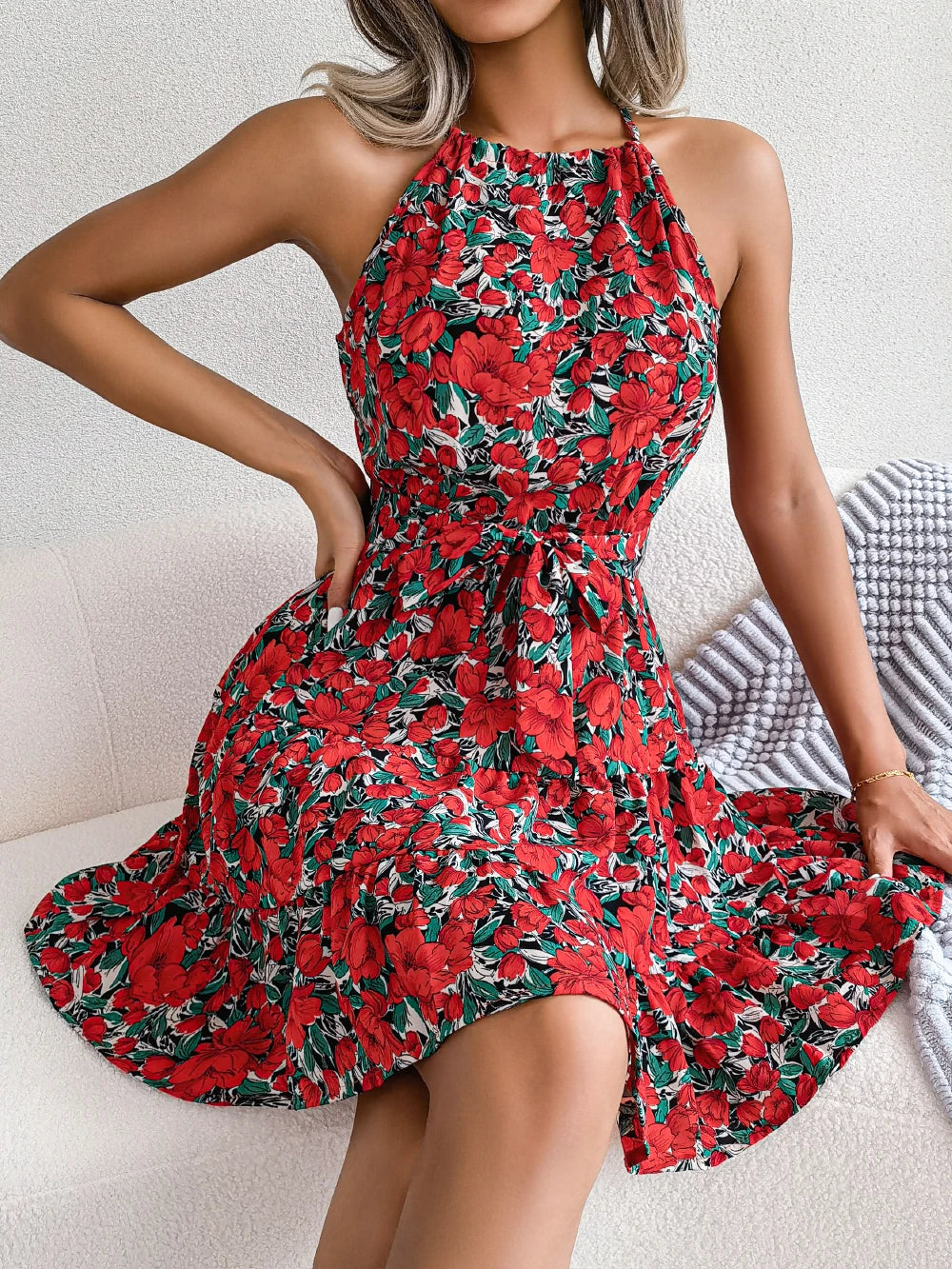 Women Summer Casual Floral Print Ruffle Halter Dress