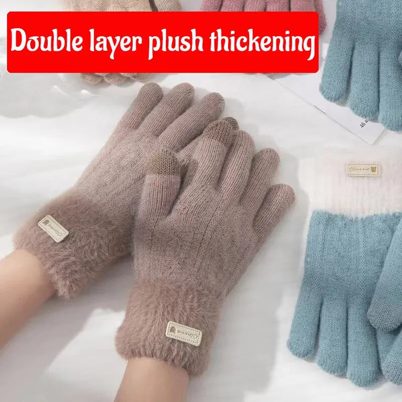 Women’s Winter Knitted Gloves – Plush, Double-Layered, Touchscreen