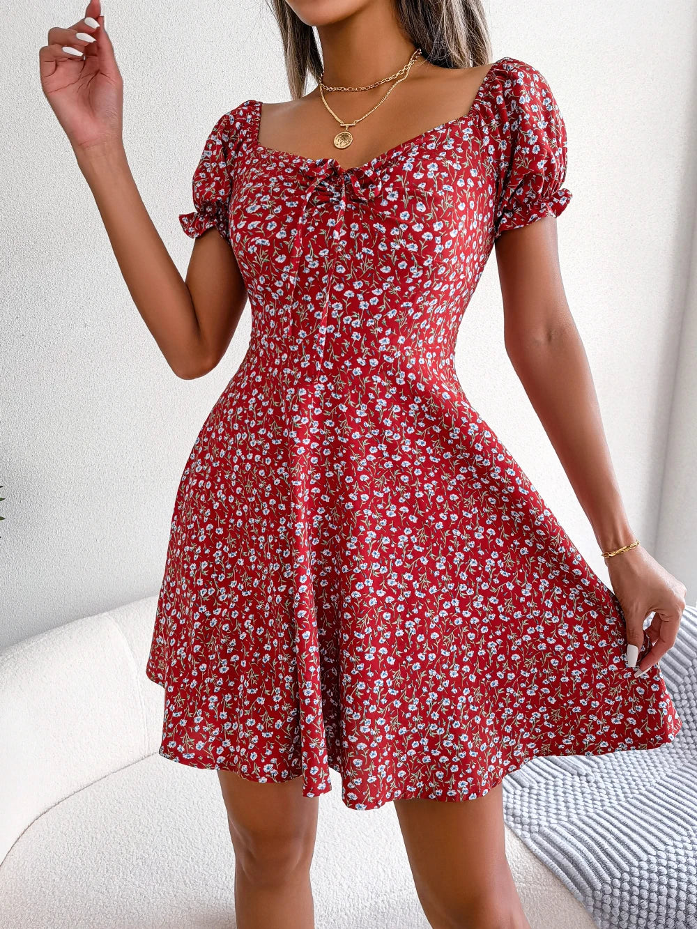 Women Casual Ruffles Short Sleeve Floral Print A Line Dress