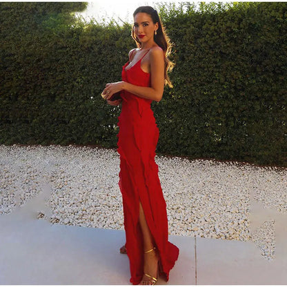 Elegant Red Chiffon Maxi Dress - Spaghetti Strap, Backless, Ruffled Evening Gown