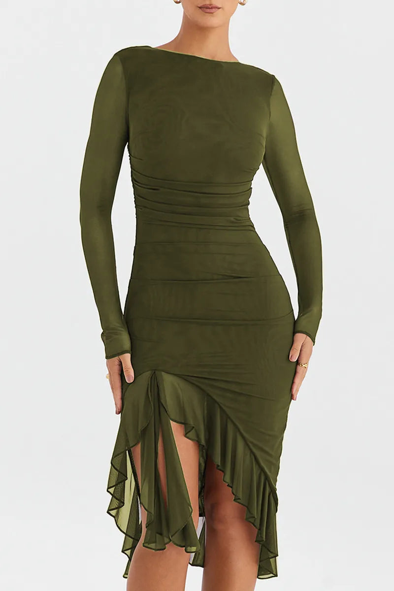 Mozision Elegant Ruffled Midi Dress - Sheer Long Sleeve, Backless Party Style