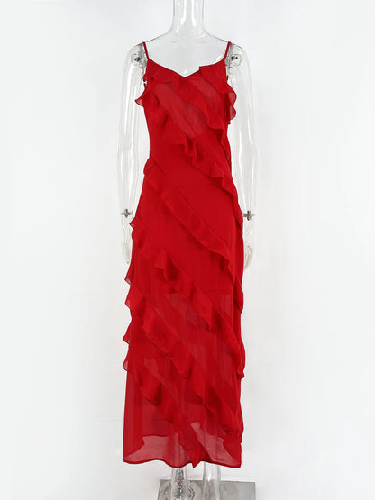 Elegant Red Chiffon Maxi Dress - Spaghetti Strap, Backless, Ruffled Evening Gown