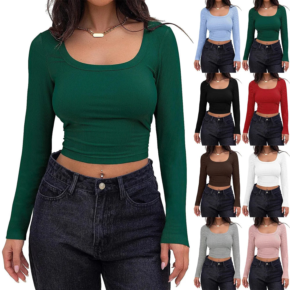 Women’s Long Sleeve Square Neck Ribbed Crop Top