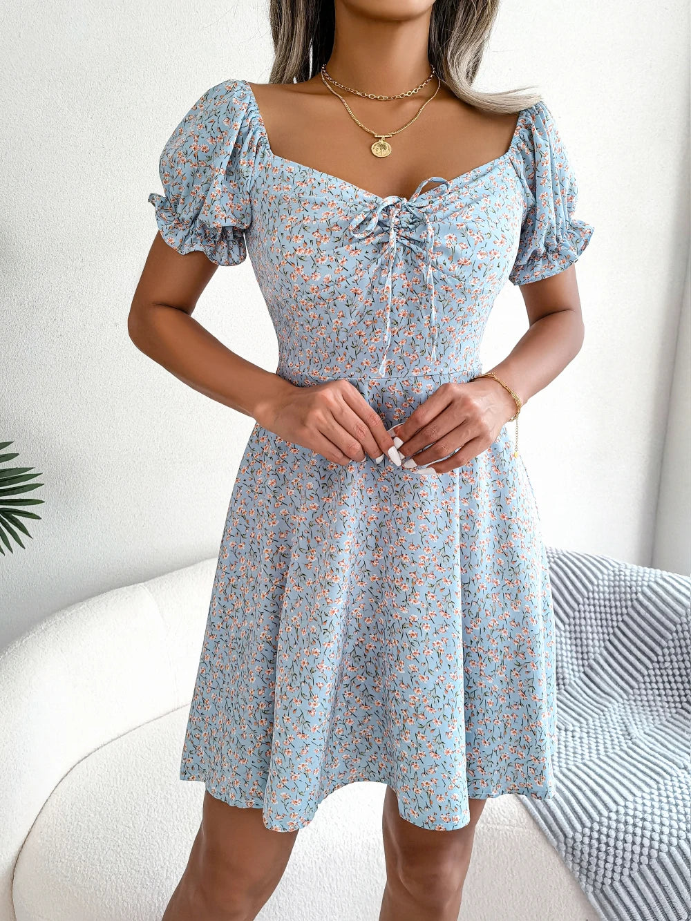 Women Casual Ruffles Short Sleeve Floral Print A Line Dress