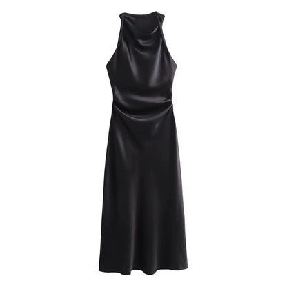 Summer Satin Slip Dress - Women's Elegant Sleeveless Midi for Evening Parties"