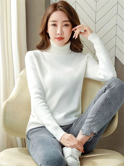 Elegant Velvet-Lined Turtleneck Sweater - Women's Slim Winter Knitwear