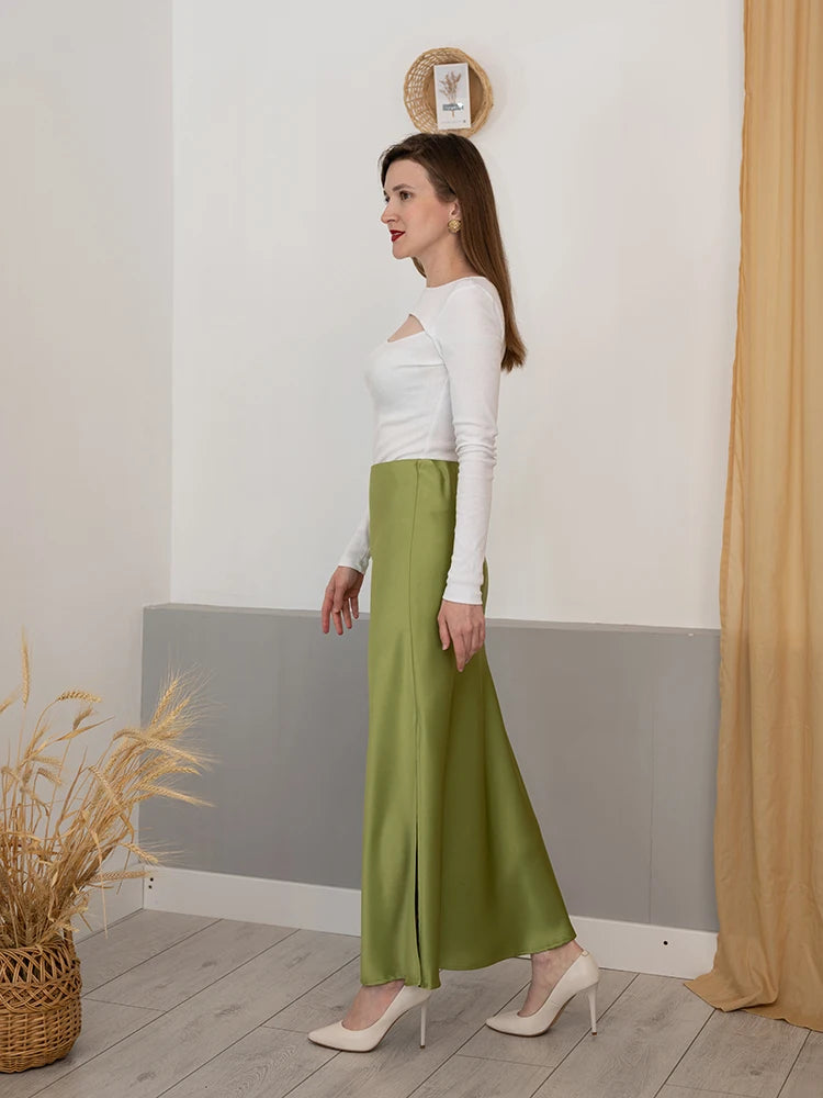 Summer Silk Satin A-line Skirt - Casual High Waist with Side Slit