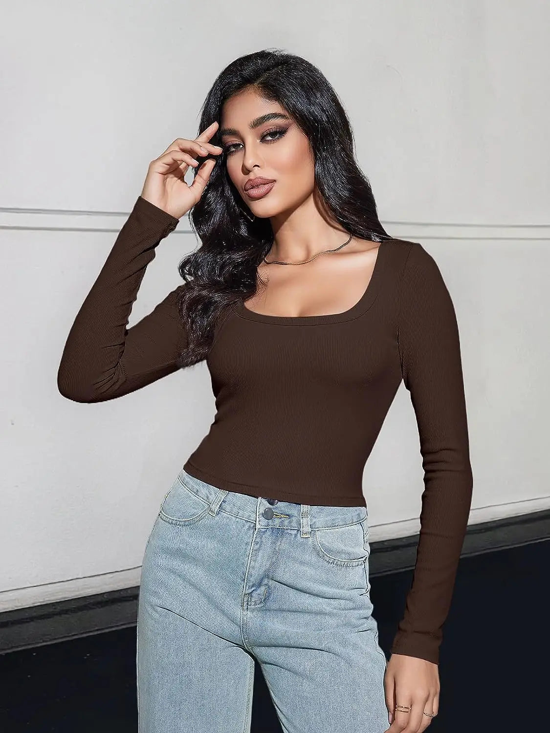 Women’s Long Sleeve Square Neck Ribbed Crop Top