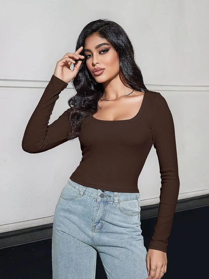 Women’s Long Sleeve Square Neck Ribbed Crop Top