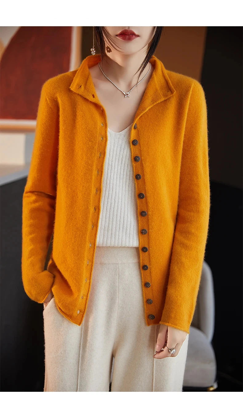 Women's Merino Wool Jacket - Luxury Knit Cardigan with Standing Collar