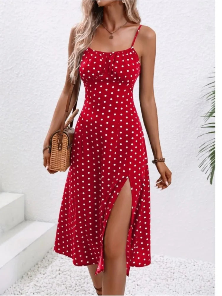 Summer Spaghetti Strap Polka Dot Midi Dress - Boho, Casual, Sleeveless with Slit