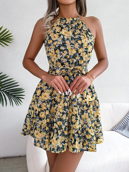 Women Summer Casual Floral Print Ruffle Halter Dress