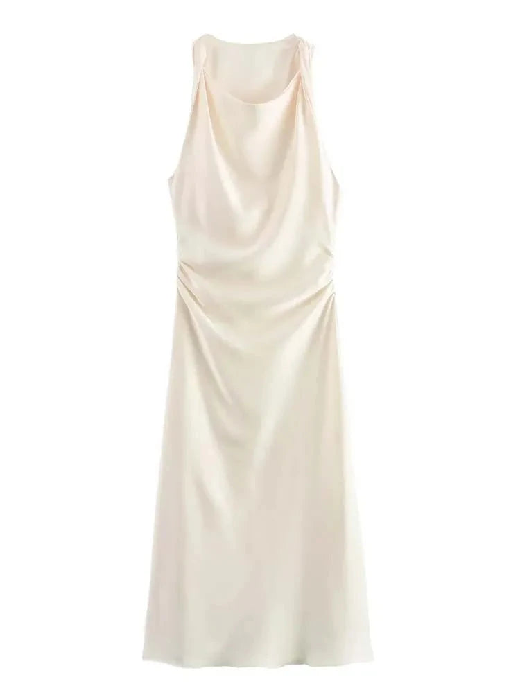 Summer Satin Slip Dress - Women's Elegant Sleeveless Midi for Evening Parties"