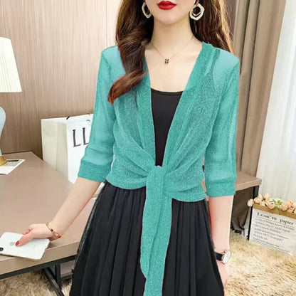 Women's Sheer Glitter Lace-up Summer Cardigan