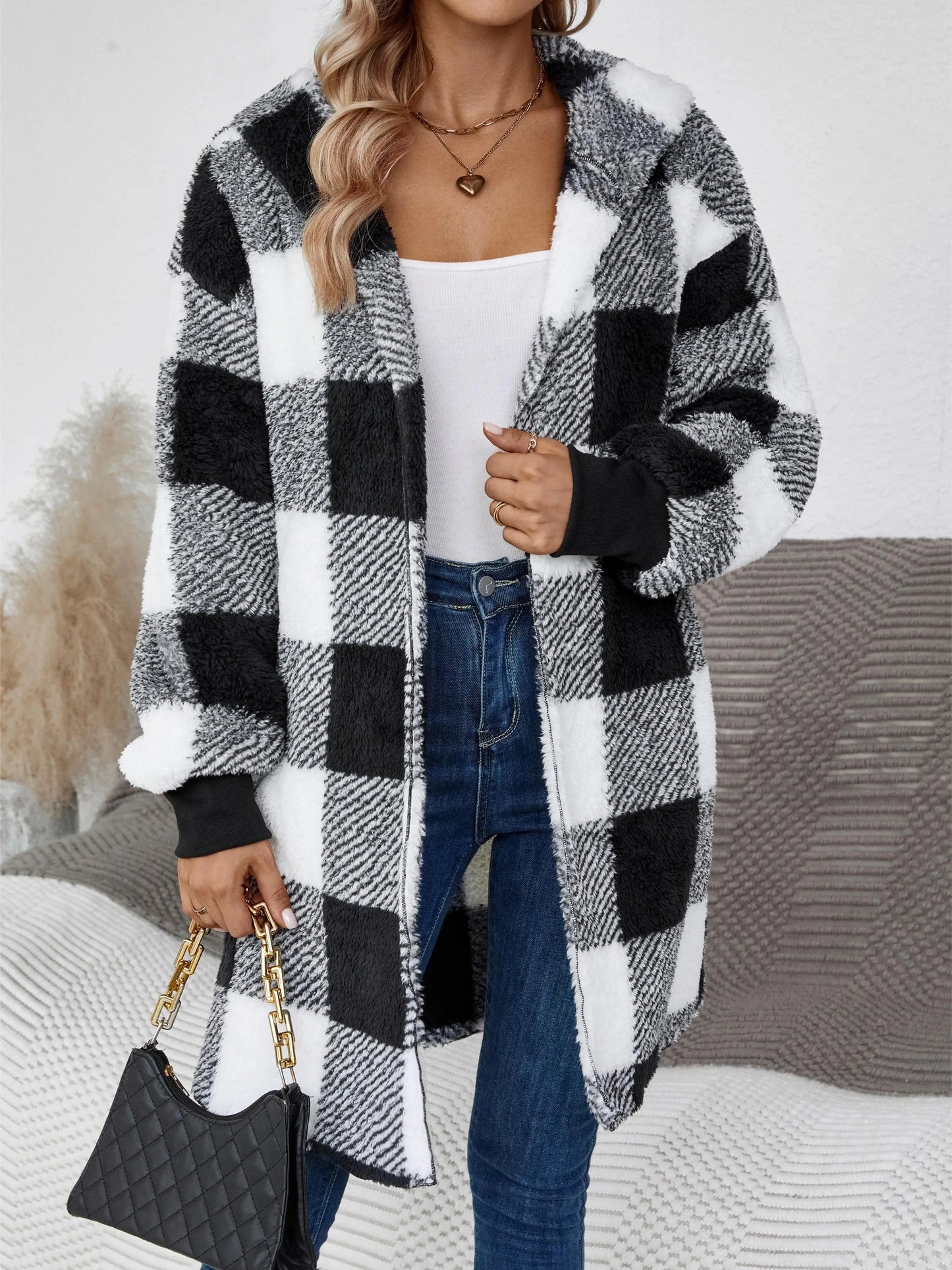 Hooded Color-Blocked Plaid Plush Jacket