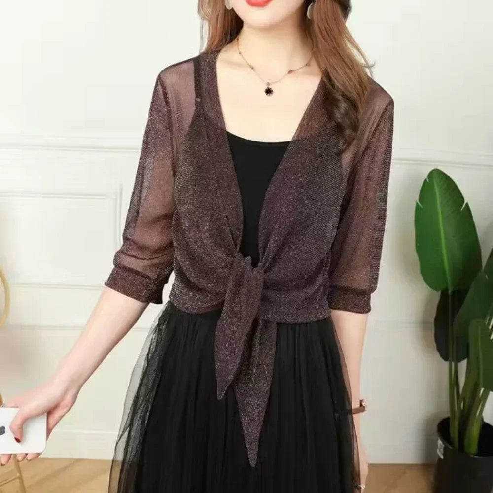 Women's Sheer Glitter Lace-up Summer Cardigan