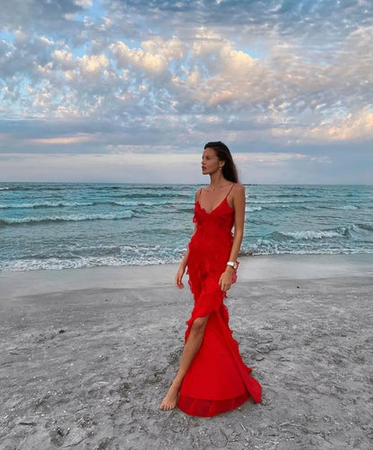 Elegant Red Chiffon Maxi Dress - Spaghetti Strap, Backless, Ruffled Evening Gown