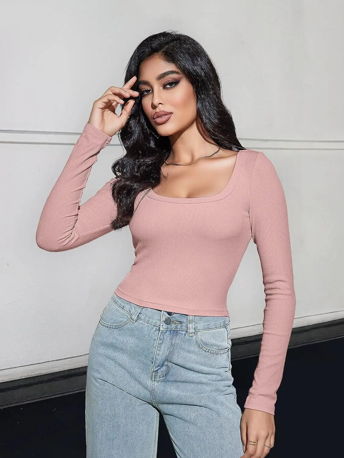 Women’s Long Sleeve Square Neck Ribbed Crop Top