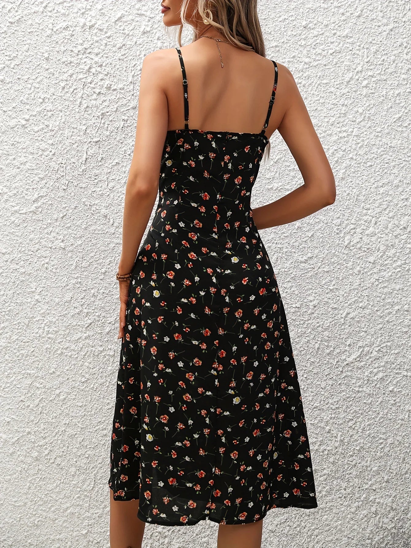 Summer Spaghetti Strap Polka Dot Midi Dress - Boho, Casual, Sleeveless with Slit