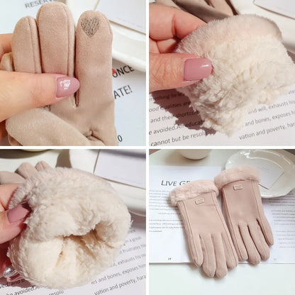 Women’s Winter Suede Gloves – Thick Plush, Touchscreen, Outdoor