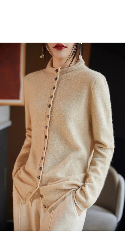 Women's Merino Wool Jacket - Luxury Knit Cardigan with Standing Collar