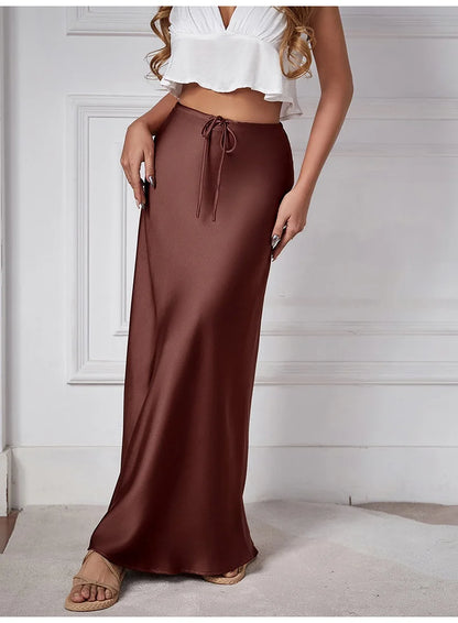 Dreamgirl A-Line Satin Maxi Skirt - Elegant High Waist, Black & Beige