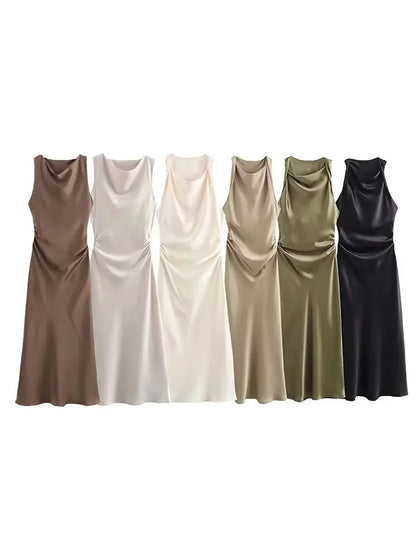 Summer Satin Slip Dress - Women's Elegant Sleeveless Midi for Evening Parties"