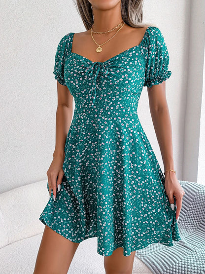 Women Casual Ruffles Short Sleeve Floral Print A Line Dress