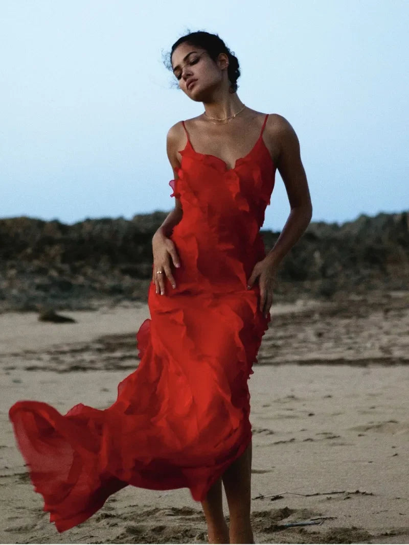 Elegant Red Chiffon Maxi Dress - Spaghetti Strap, Backless, Ruffled Evening Gown