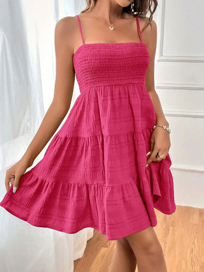 Women's Summer Solid Color Spaghetti Strap Dress - Versatile & Textured