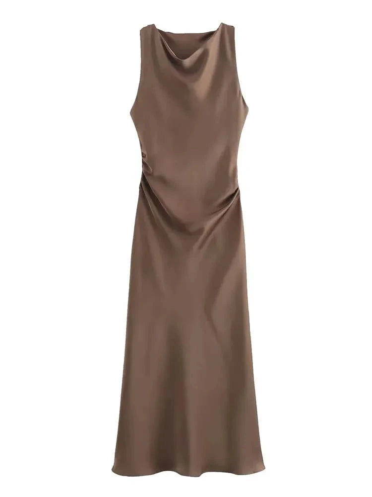 Summer Satin Slip Dress - Women's Elegant Sleeveless Midi for Evening Parties"