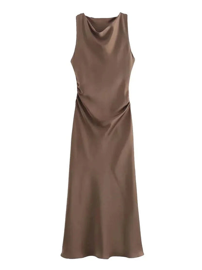 Summer Satin Slip Dress - Women's Elegant Sleeveless Midi for Evening Parties"