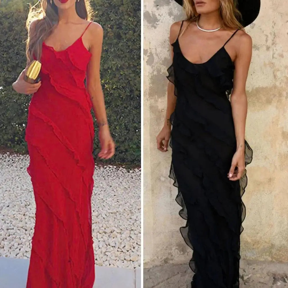 Elegant Red Chiffon Maxi Dress - Spaghetti Strap, Backless, Ruffled Evening Gown